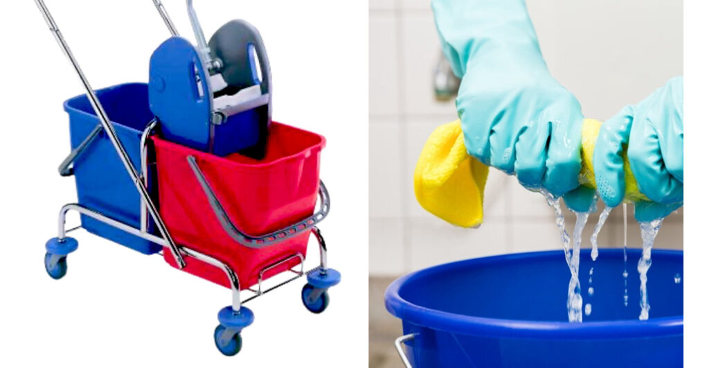 Chrome mopwagen met pers en emmers